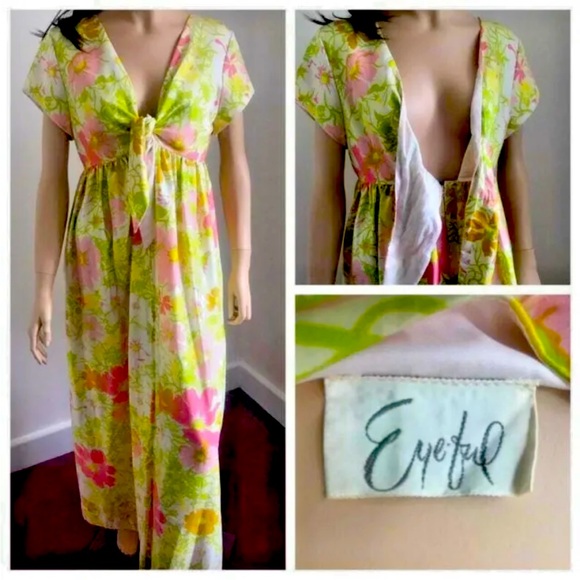 1970s Vintage "Eyeful" Sateen Pastel Floral Maxi Dress Medium / Large - Picture 1 of 11